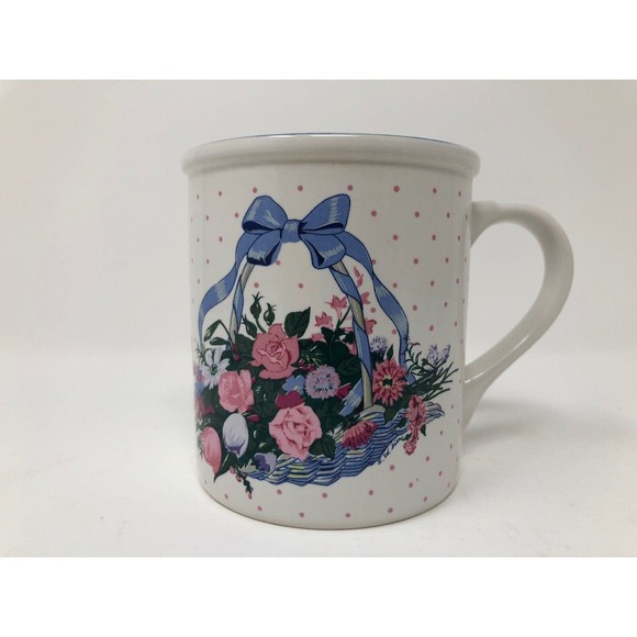 Floral Coffee Mug Creative Concepts 1993 Blue Basket Pink Flowers Polka Dots - Picture 1 of 6